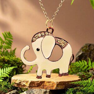Cream Enamel Elephant Pendant Necklace with Gold-Tone Chain & Rhinestone Accents
